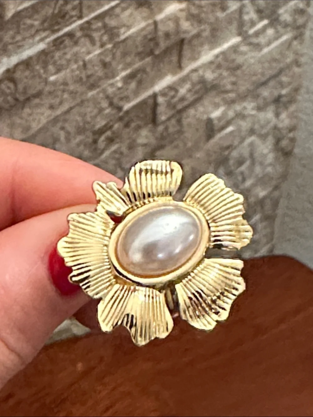 Gold Flower Pearl Center Statement Open Ring
